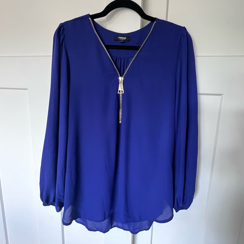 Dark Violet Quarter Zip Up Long Sleeve Flowy Blouse